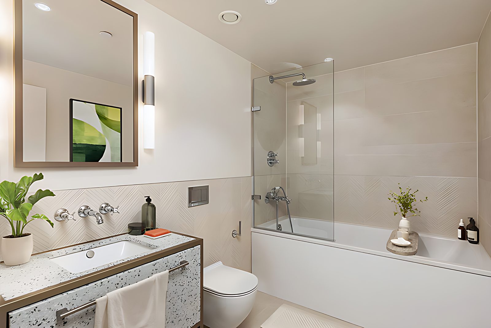 Bathroom with herringbone tiles and terrazzo (visual)