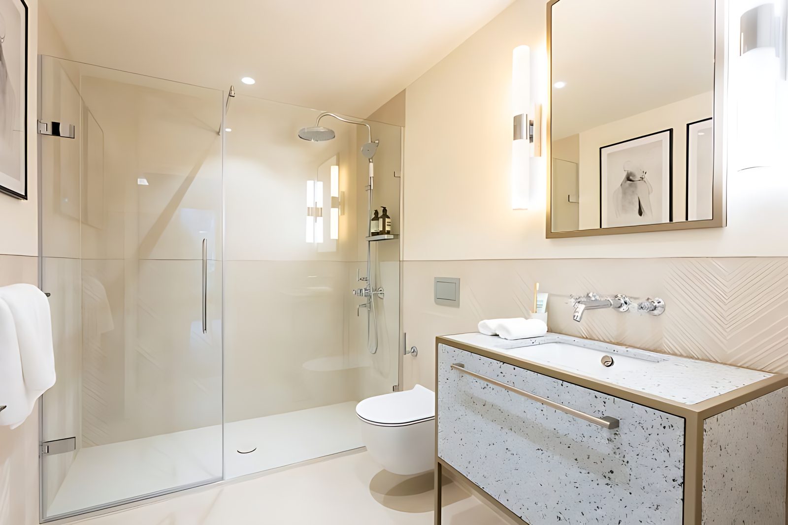 London bathroom with terrazzo vanity