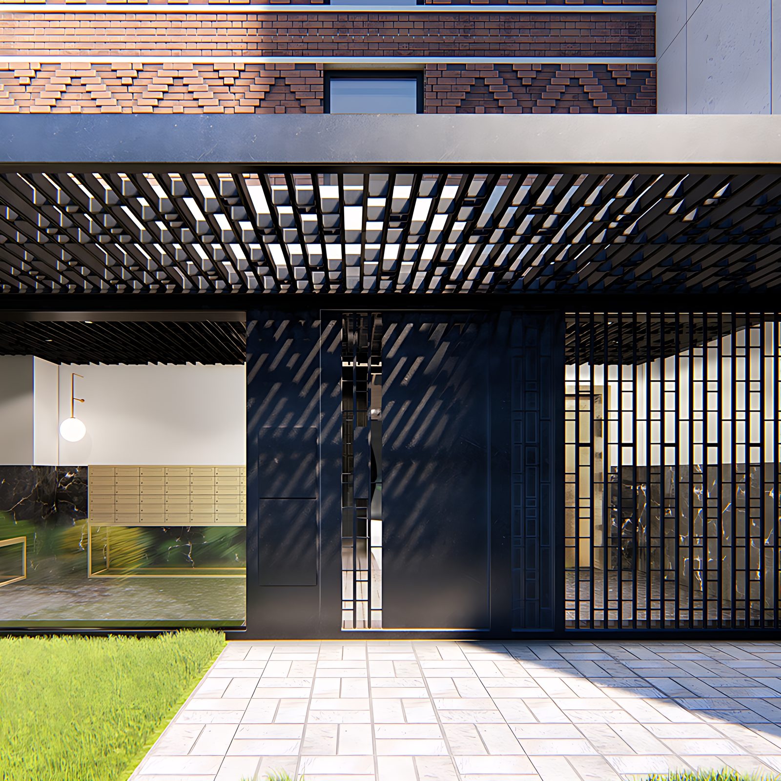 Entrance with a patterned metal canopy (architect's visual)