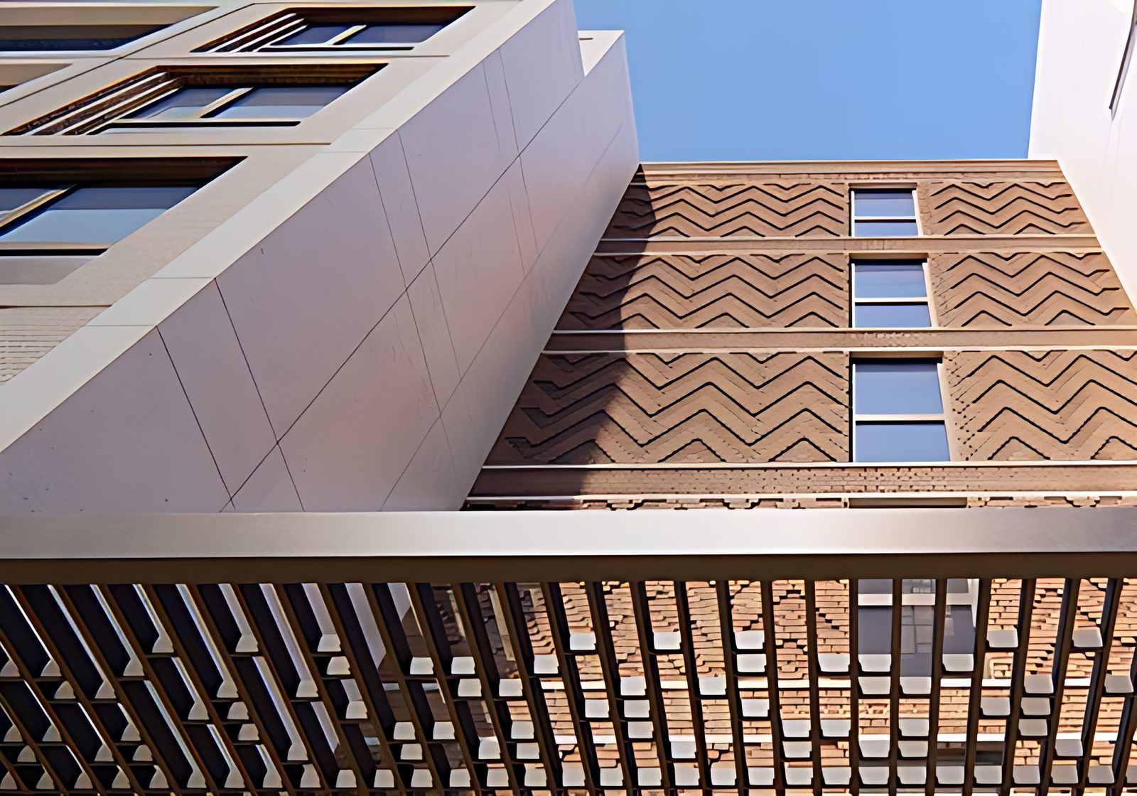Chevron brick facade looking up