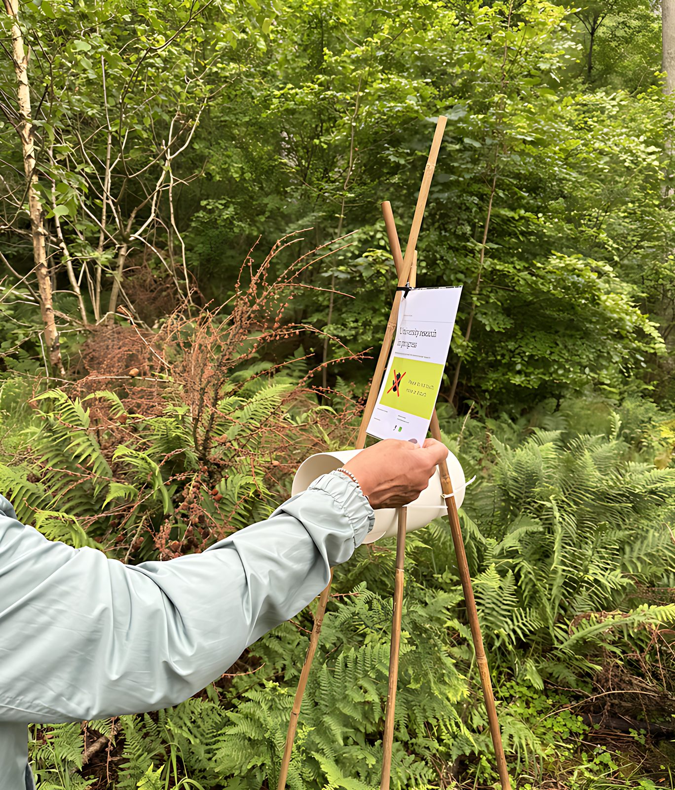Monitoring equipment among ferns on a rewilding site