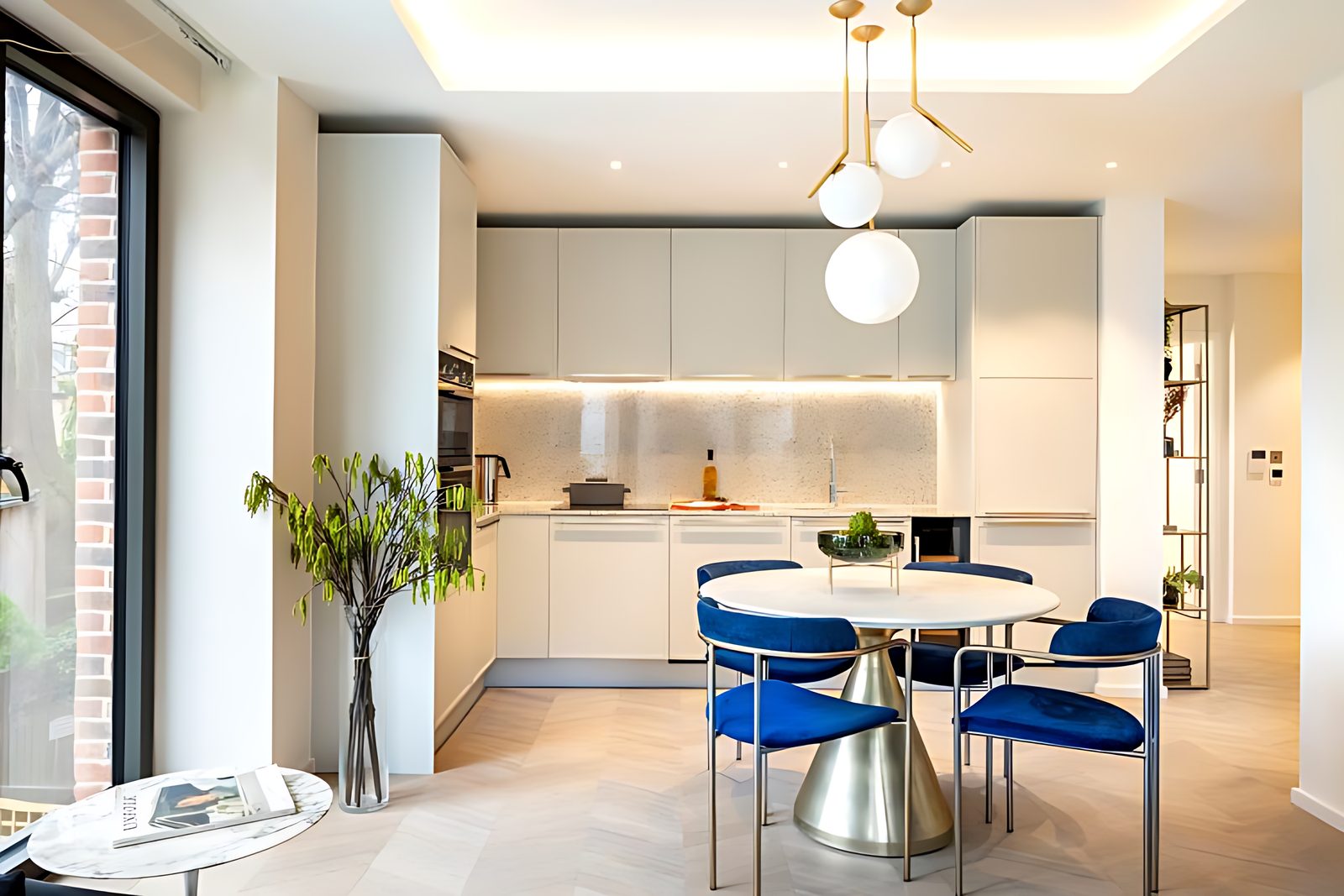 London kitchen with globe pendant lights
