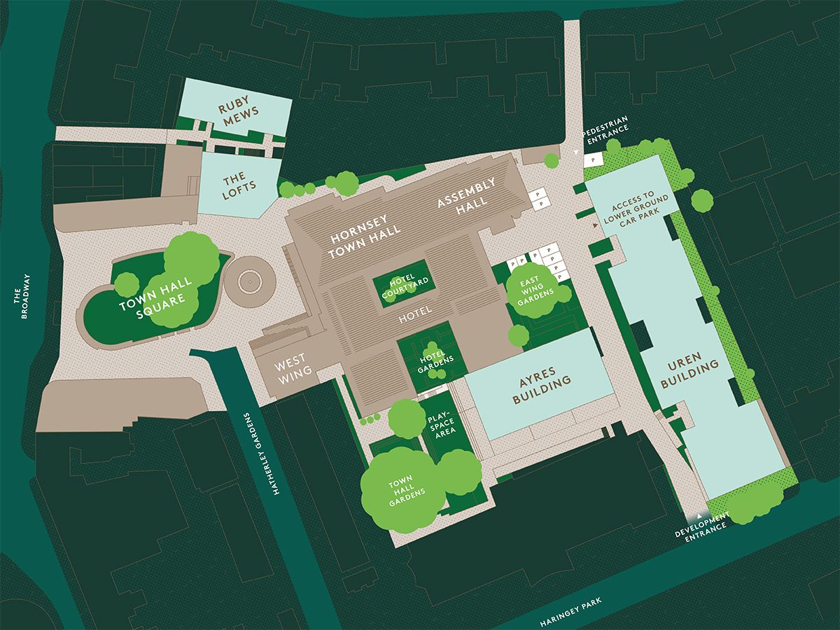 Site plan of the Hornsey Town Hall estate showing the Uren building